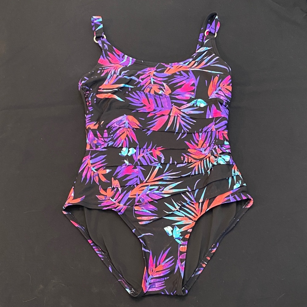 Calvin Klein Women’s Swim One Piece - Black with Purple and Blue Leaf Print